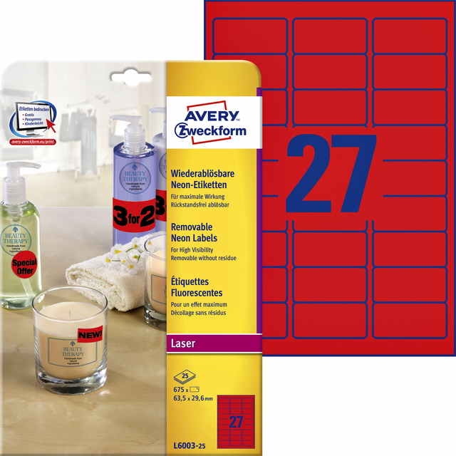 Label Avery L6003-25 63.5x29.6 neon red 675 labels