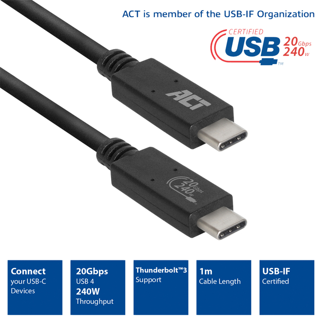 Kabel ACT USB-C USB 4 20Gbps Thunderbolt3 1 meter