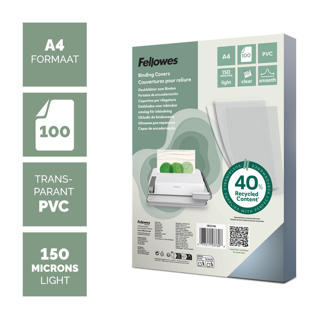 Fellowes PVC cover A4 150Mic Clear Pk100
