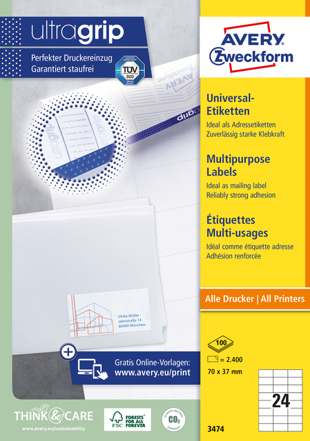 Etiket Avery 3474 70x37mm wit 2400 stuks