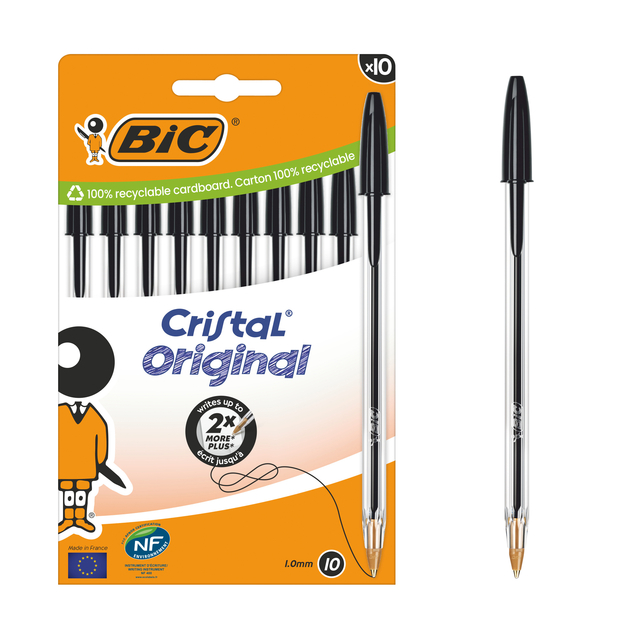 Balpen Bic Cristal medium zwart blister à 10 stuk