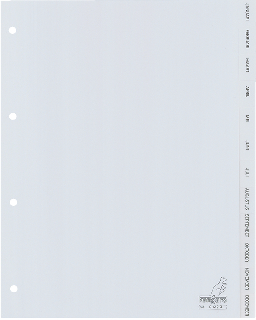 Dividers Kangaro A4 PP 120 micron 4 holes 12 tabs calender grey