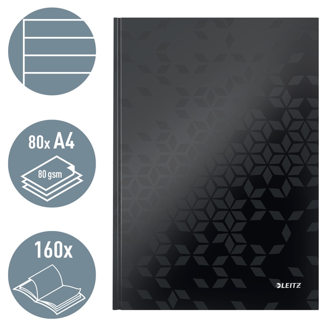 Notitieboek Leitz WOW A4 160blz 90gr lijn zwart