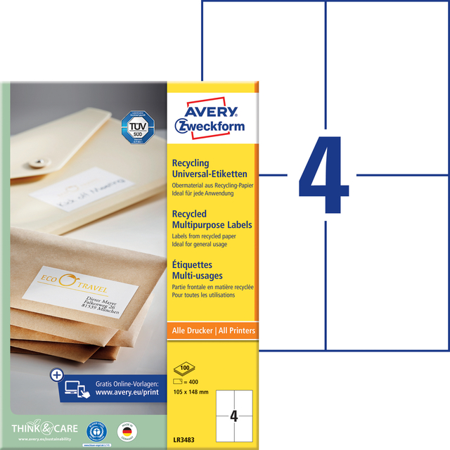 Etiket Avery LR3483 105x148mm recycled wit 400 stuks
