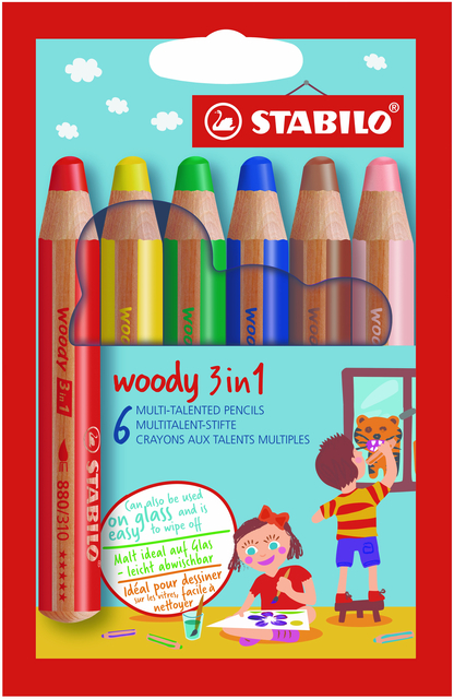 Kleurpotloden STABILO 880 woody 3 in 1 assorti etui à 6 stuk