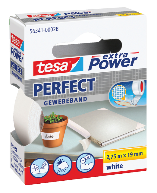 tesa extra Power Perfect extra strong self-adhesive cloth tape,2.75m:19mm, white
