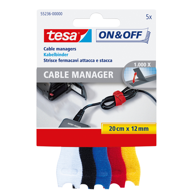 Kabelmanager tesa® On & Off 12mmx20cm diverse kleuren 5 stuk