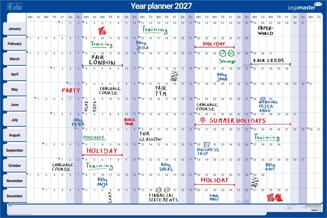 Jaarplanner 2027 Legamaster 90x60cm horizontaal gelamineerd en oprolbaar Engelstalig