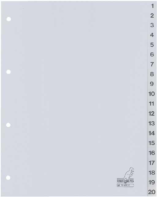 Dividers Kangaro A4 PP 120 micron 4 holes 20 tabs numbered grey