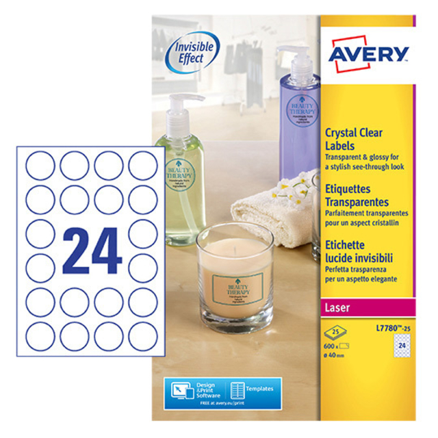 Etiket Avery L7780-25 rond 40mm transparant 600 stuks