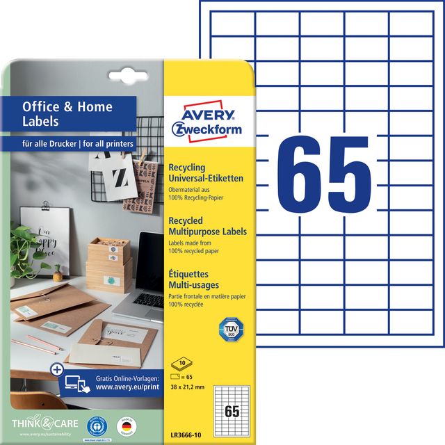 Etiket Avery LR3666-10 38x21.2mm recycled wit 650 stuks