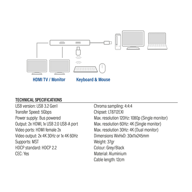Adapter ACT USB-C 4K multiport for 2 HDMI monitors