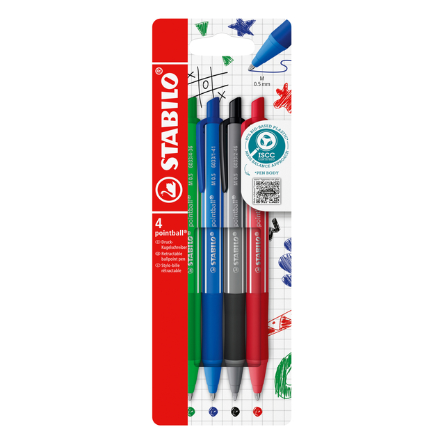 Balpen STABILO pointball colorful medium assorti blister à 4 stuk