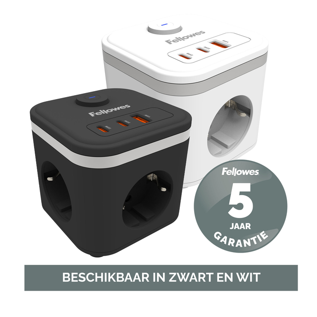 Stekkerblok Fellowes Power Cube F 3 voudig 1xUSB A 2xUSB C 2 meter wit
