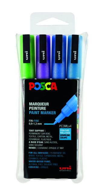 Verfstift Posca PC3M fijn glitter koel assorti set à 4 stuk