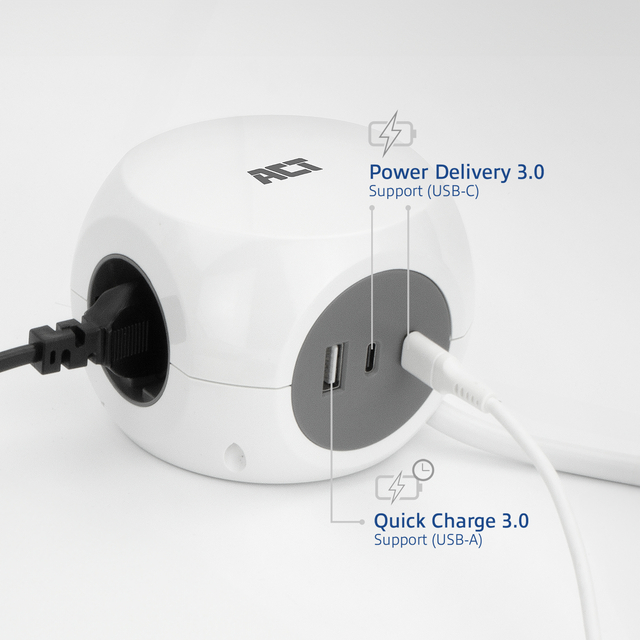 Stekkerblok ACT 3 voudig  inclusief 2x USB C/A 1.5 meter wit/grijs