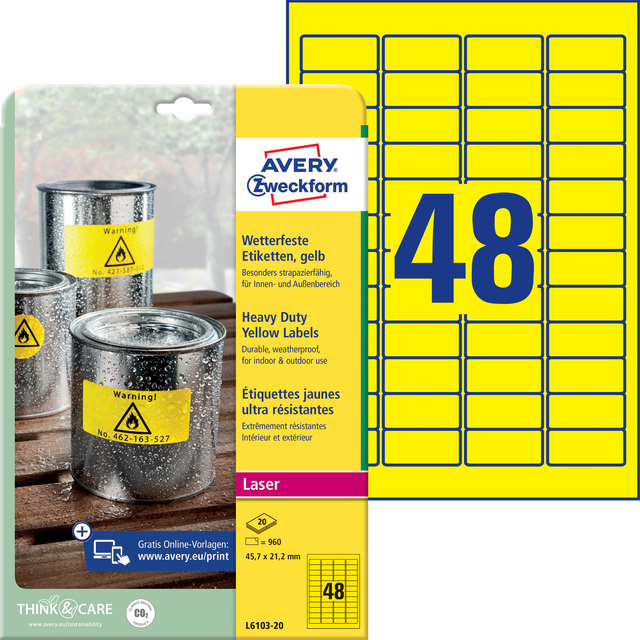 Etiket Avery L6103-20 45.7x21.2mm geel 960 stuks
