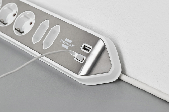 Desk socket Brennenstuhl Estilo 6-way including 2 USB 2 meter white/silver