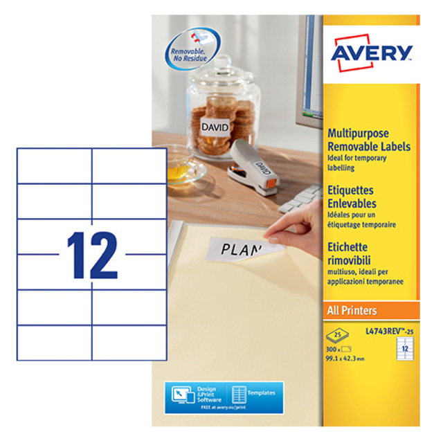 Etiket Avery L4743REV-25 99.1x42.3mm afneembaar wit 300stuks