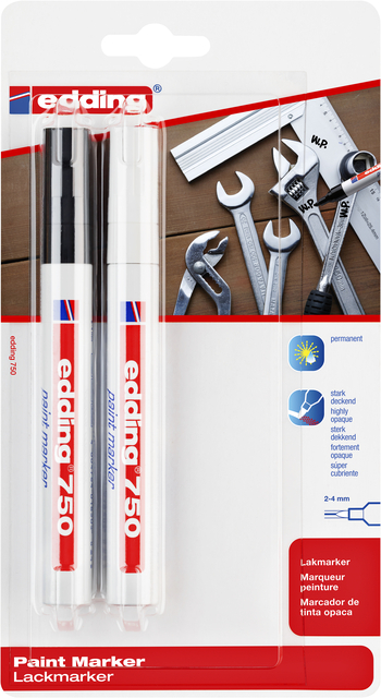Viltstift edding 750 lakmarker rond 2-4mm wit en zwart blister à 2 stuk