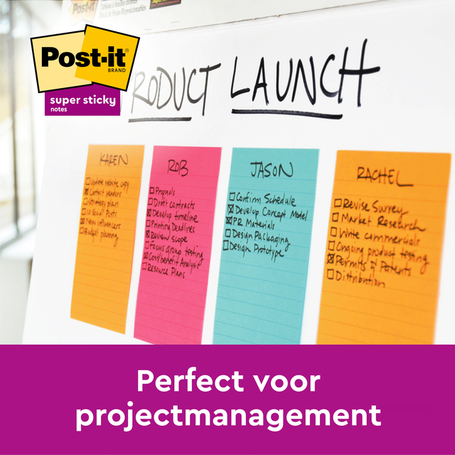 Memoblok 3M Post-it 5845 Super Sticky 127x203mm lijn assorti kleur 90 vel
