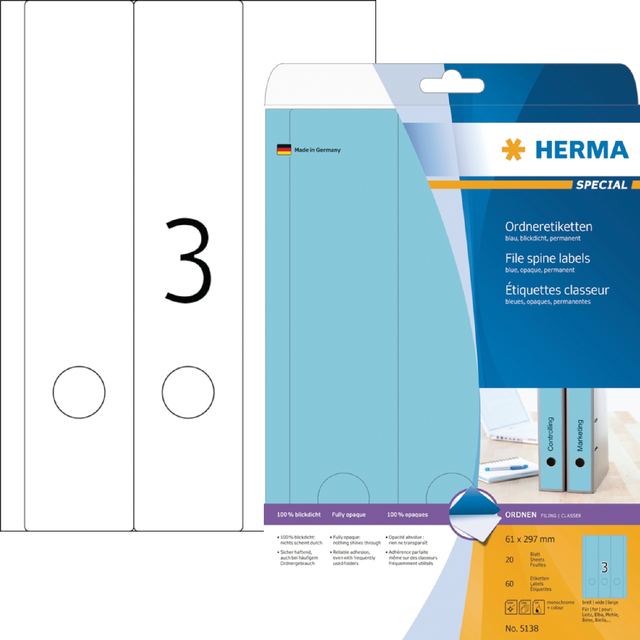 File labels A4, 61 x 297 mm, blue, opaque, for narrow files (long)