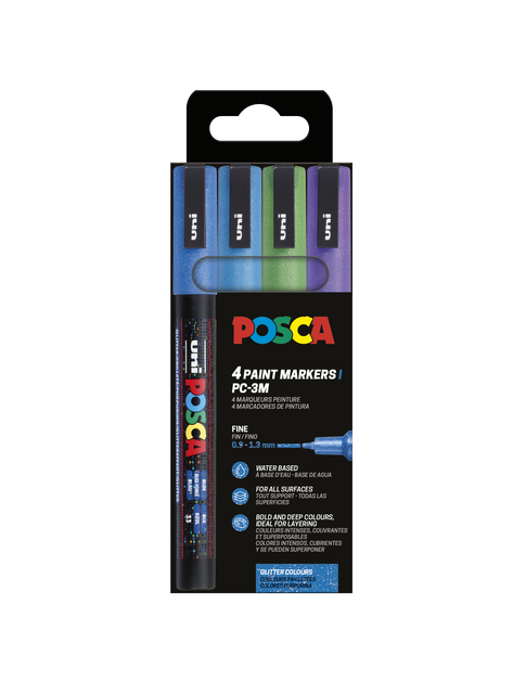 Verfstift Posca PC3M fijn glitter koel assorti set à 4 stuk