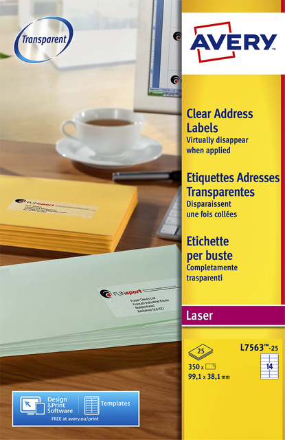 Etiket Avery L7563-25 99.1x38.1mm transparant  mat 350stuks