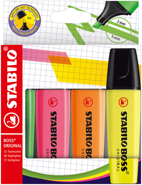 Markeerstift STABILO BOSS Original 70/4 assorti etui à 4 stuk