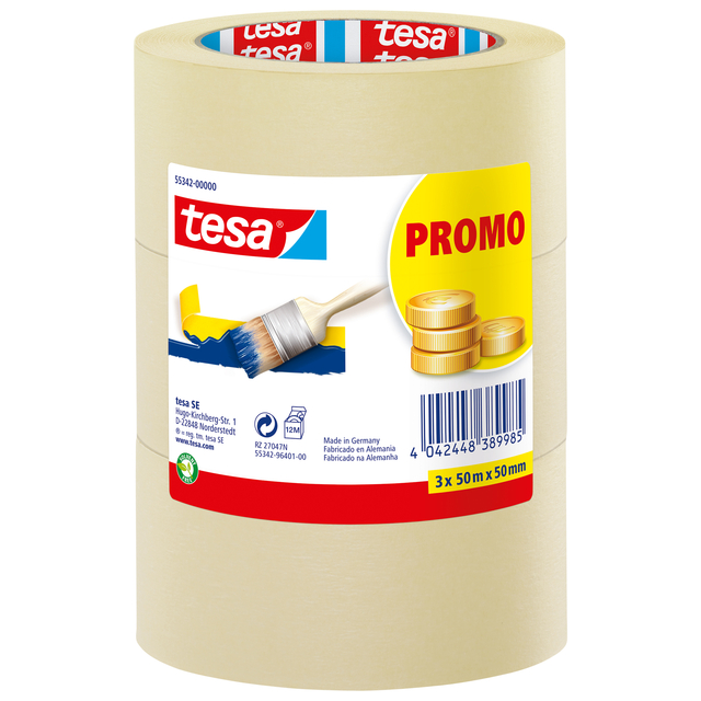 Afplaktape tesa®  Economy 50mmx50m geel 3 rolle