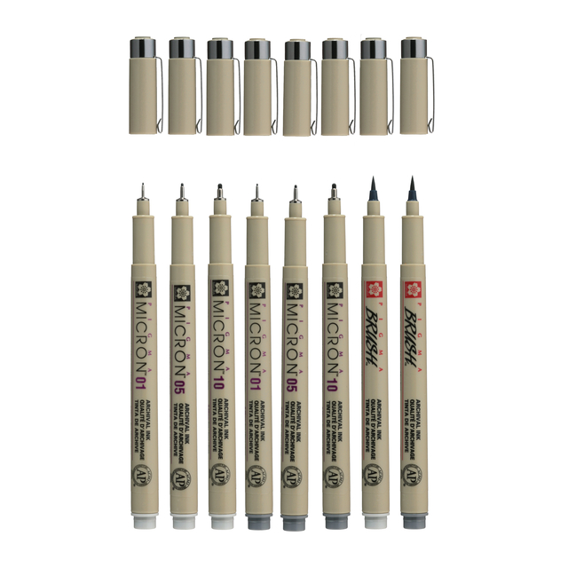 Fineliner en brushpen Sakura Pigma Micron koudgrijs set à 8 stuks assort