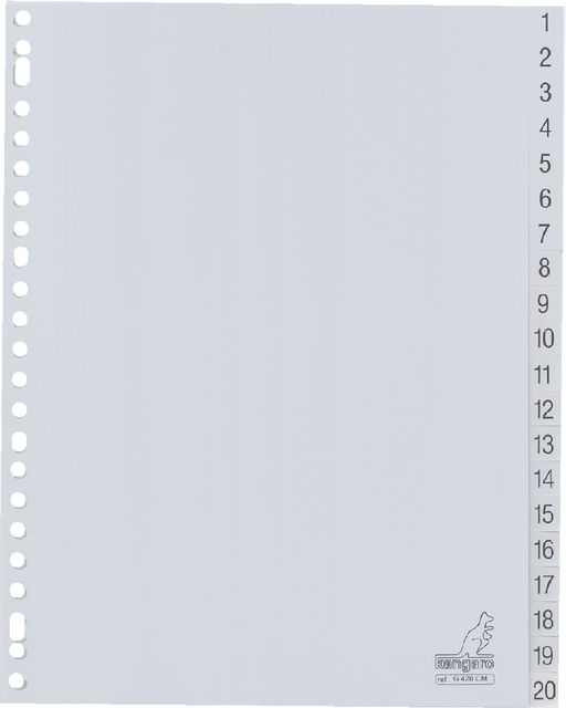 Dividers Kangaro A4 PP 120 micron 23 holes 20 tabs numbered grey
