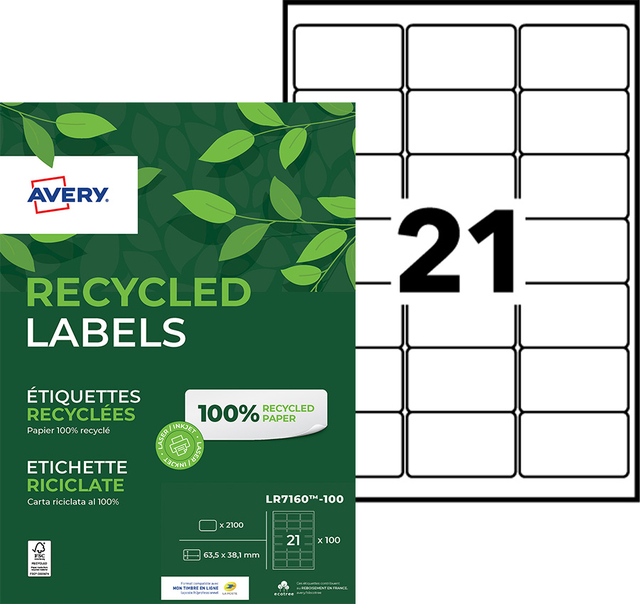 Etiket Avery LR7160-100 63.5x38.1mm recycled wit 2100 stuks