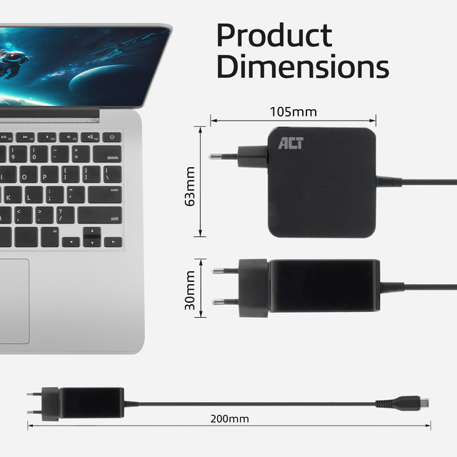 Laptop Oplader ACT USB-C Power Delivery 65W 2mtr