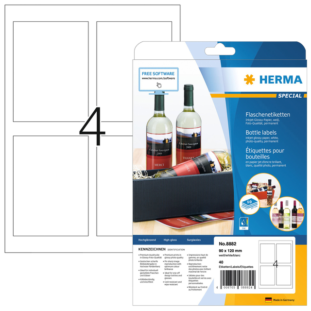 Etiket HERMA flessen 8882 90x120mm A4 glossy wit 40stuks