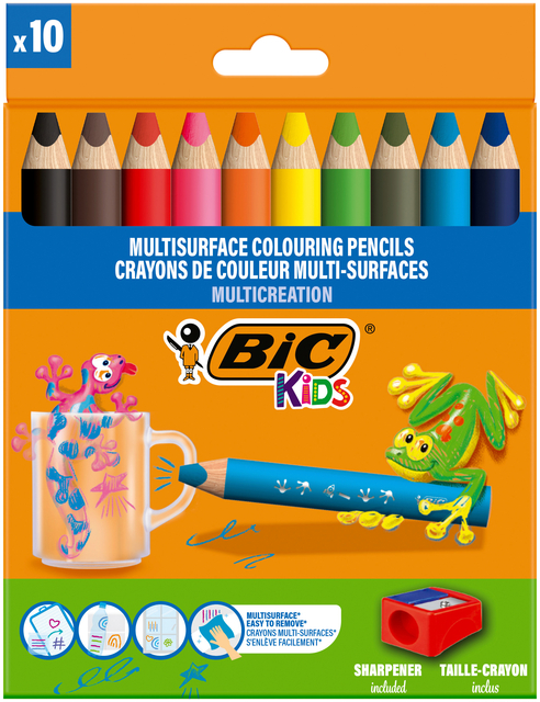Kleurpotloden BicKids Multi Surface inclusief puntenslijper assorti pak à 10 stuk