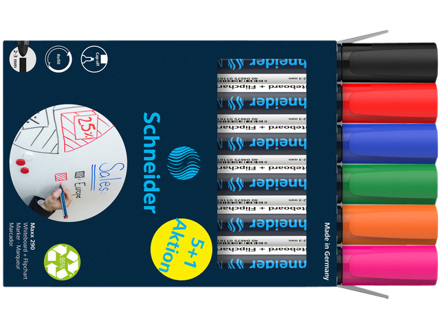 Viltstift Schneider Maxx 290 whiteboard rond 2-3mm assorti doos à 5+1 grati