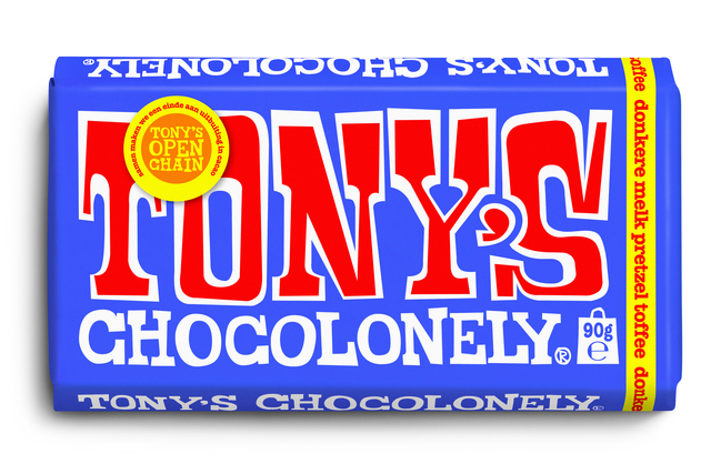 Chocolade Tony's Chocolonely donkere melk pretzel toffee reep 90 gram
