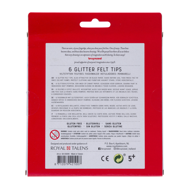 Viltstift Bruynzeel Kids glitter blister à 6 stuks assort