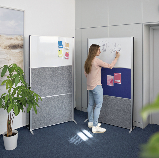 Scheidingswand MAUL akoestiek 100x180 2xdonker- 1xwhiteboard alum.frame op voet