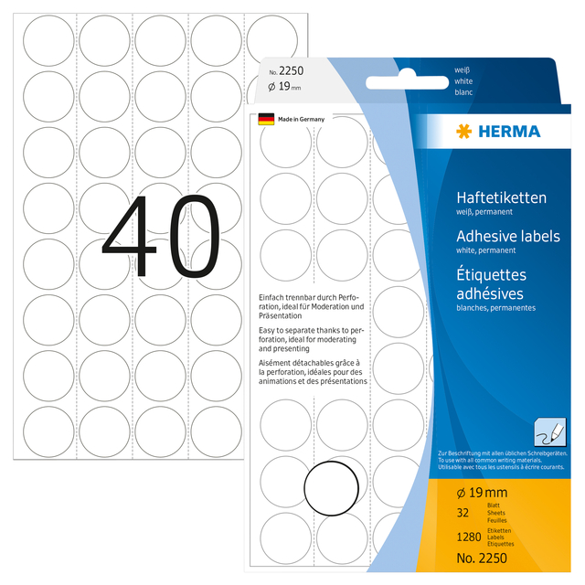 Multi-purpose labels / colour dots, Ø 19 mm, round, white, paper matt backing p