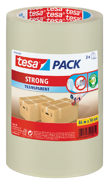 Verpakkingstape tesapack® Strong 66mx50mm PP transparant 3 rolle