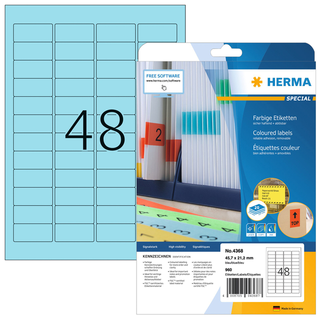 Coloured labels A4, 45,7 x 21,2  mm, blue, removable