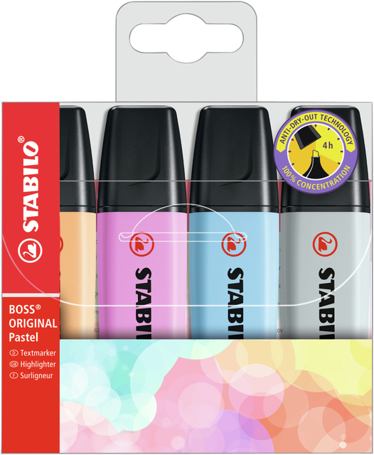 Markeerstift STABILO BOSS Original 70/4 pastel incl grijs assorti etui à 4 stuk