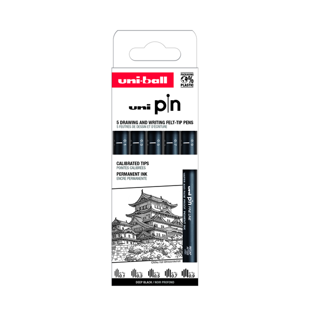 Fineliner Uni-ball Pin ASP008 set à 5 breedtes zwar