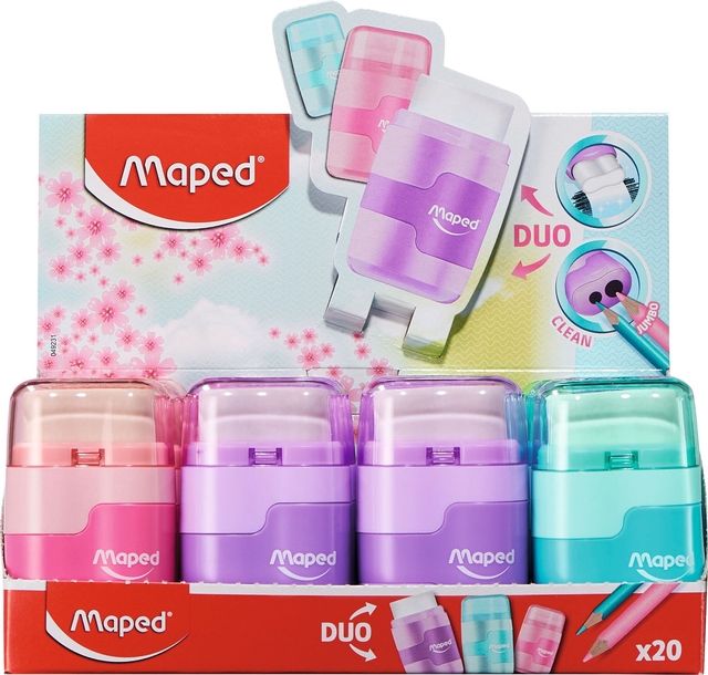 Puntenslijper Maped Connect 2gaats met gum display á 20 stuks pastel assort