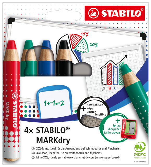 Whiteboardpotlood STABILO MARKdry 648/4 inclusief slijper en microvezeldoek assorti etui à 4 stuk