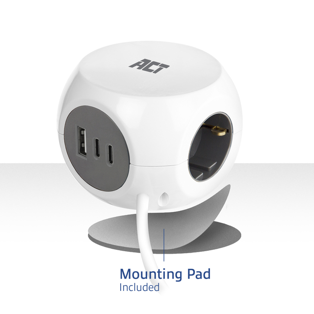 Stekkerblok ACT 3 voudig  inclusief 2x USB C/A 1.5 meter wit/grijs