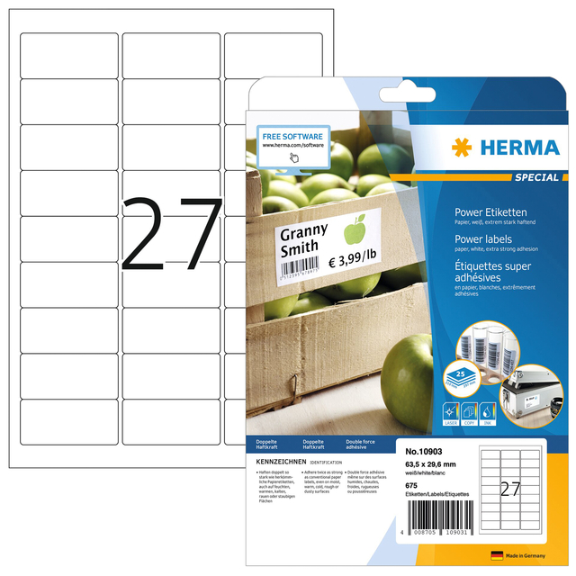 Power labels, with strong adhesion A4, 63,5 x 29,6 mm, made of paper