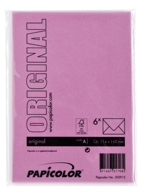 Envelop Papicolor C6 114x162mm felroze pak à 6 stuks
